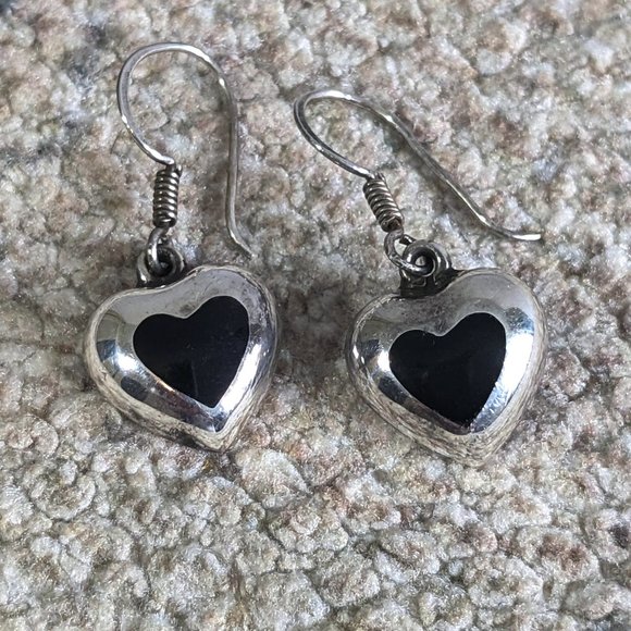 Vintage Mexican Taxco Sterling Silver Heart Charm Earrings with Black Onyx Inlay - Picture 6 of 9
